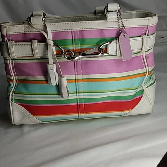 Coach Stripe and White Leather Bag - Picture 2 of 10